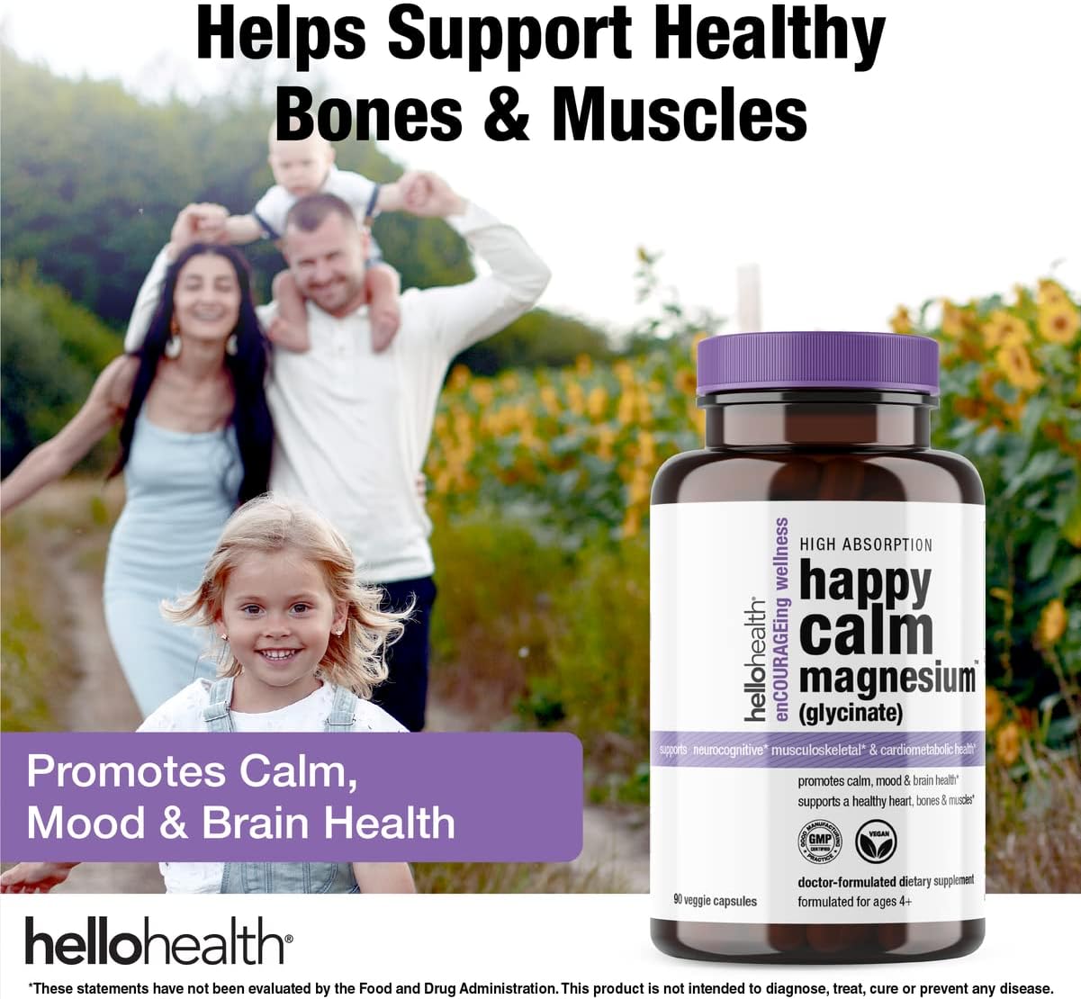 HELLO HEALTH Magnesium Bisglycinate Supplement 400mg - Chelated Magnesium Capsules for Calm, Sleep, Muscle Recovery, Joint Support - 90 ct x 4 Pack