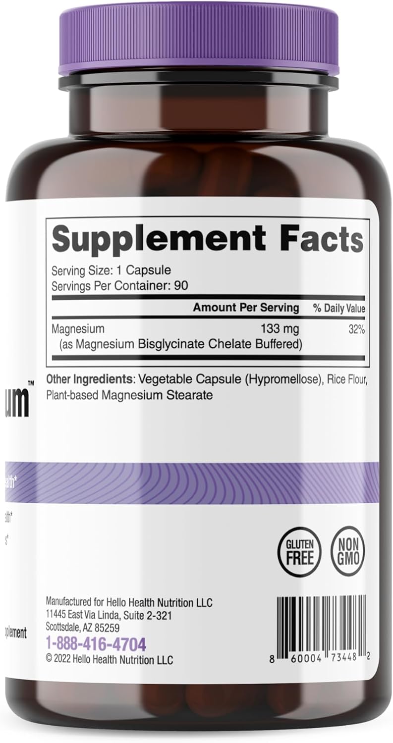 HELLO HEALTH Magnesium Bisglycinate Supplement 400mg - Chelated Magnesium Capsules for Calm, Sleep, Muscle Recovery, Joint Support - 90 ct x 4 Pack