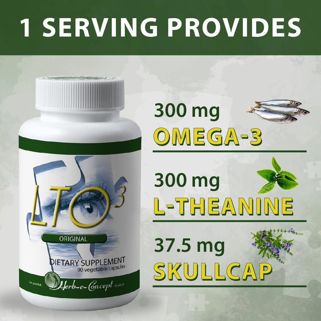 HERB-E-CONCEPT LTO3 Original Capsules with L-Theanine, Omega-3, and Skullcap - Enhances Focus, Mental Clarity, and Positive Mood (90 Capsules)