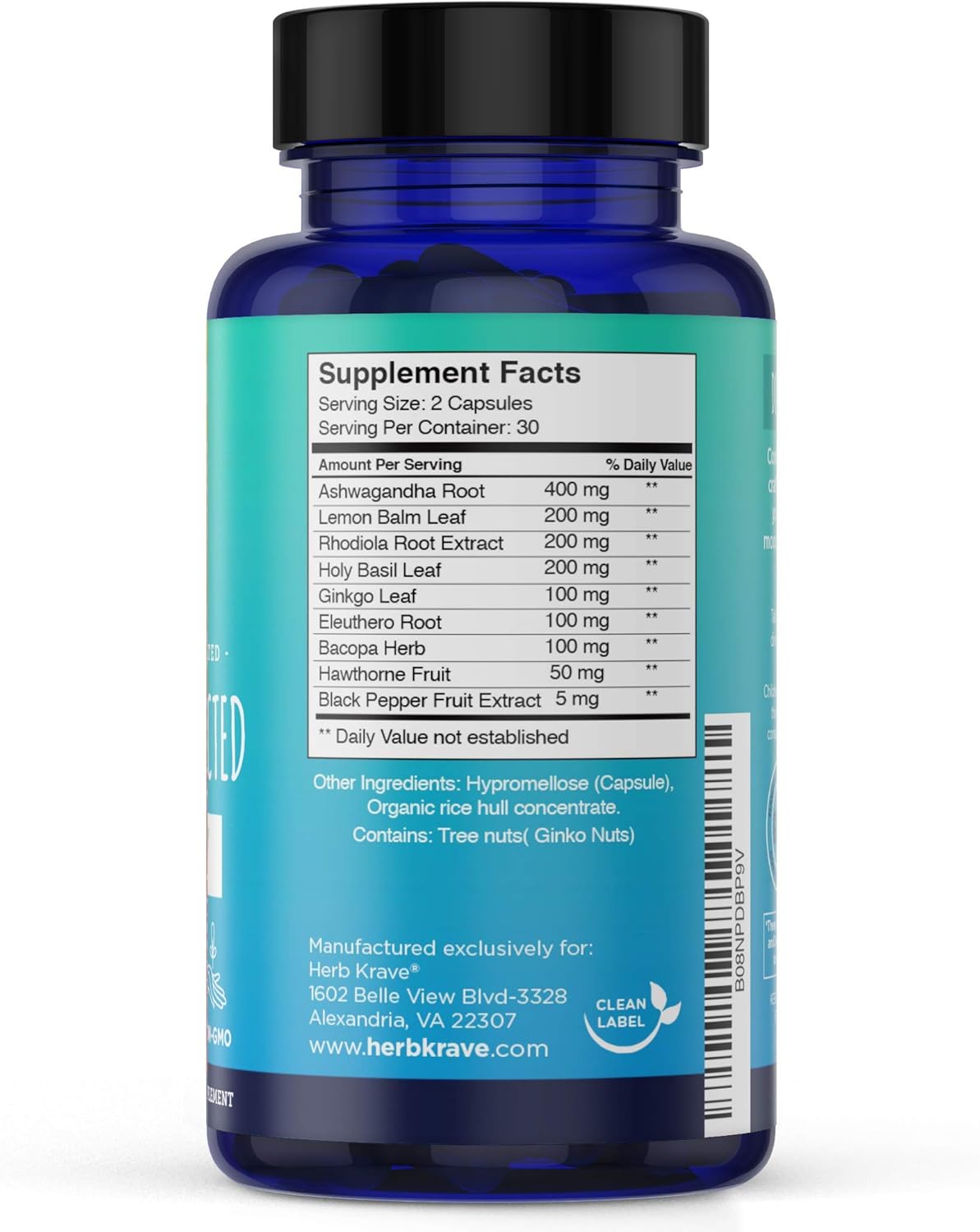 Herb Krave Calm & Connected: Stress Support Nootropic with Ginkgo Biloba, Ashwagandha, Rhodiola - 60 Capsules