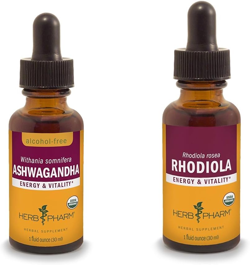 Herb Pharm Ashwagandha and Rhodiola Root Extracts for Energy and Vitality, Alcohol-Free Glycerite, Organic Cane Alcohol, 1 Oz - Boost Endurance and Stamina