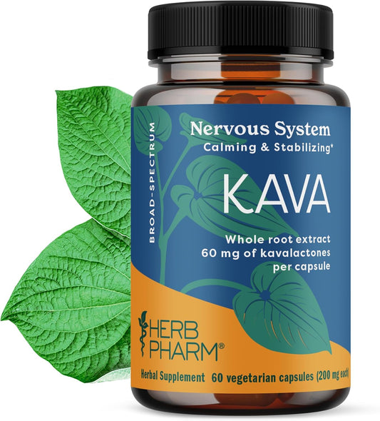 Herb Pharm Kava Root Extract Capsules for Stress Reduction and Relaxation - 60 Vegetarian Capsules