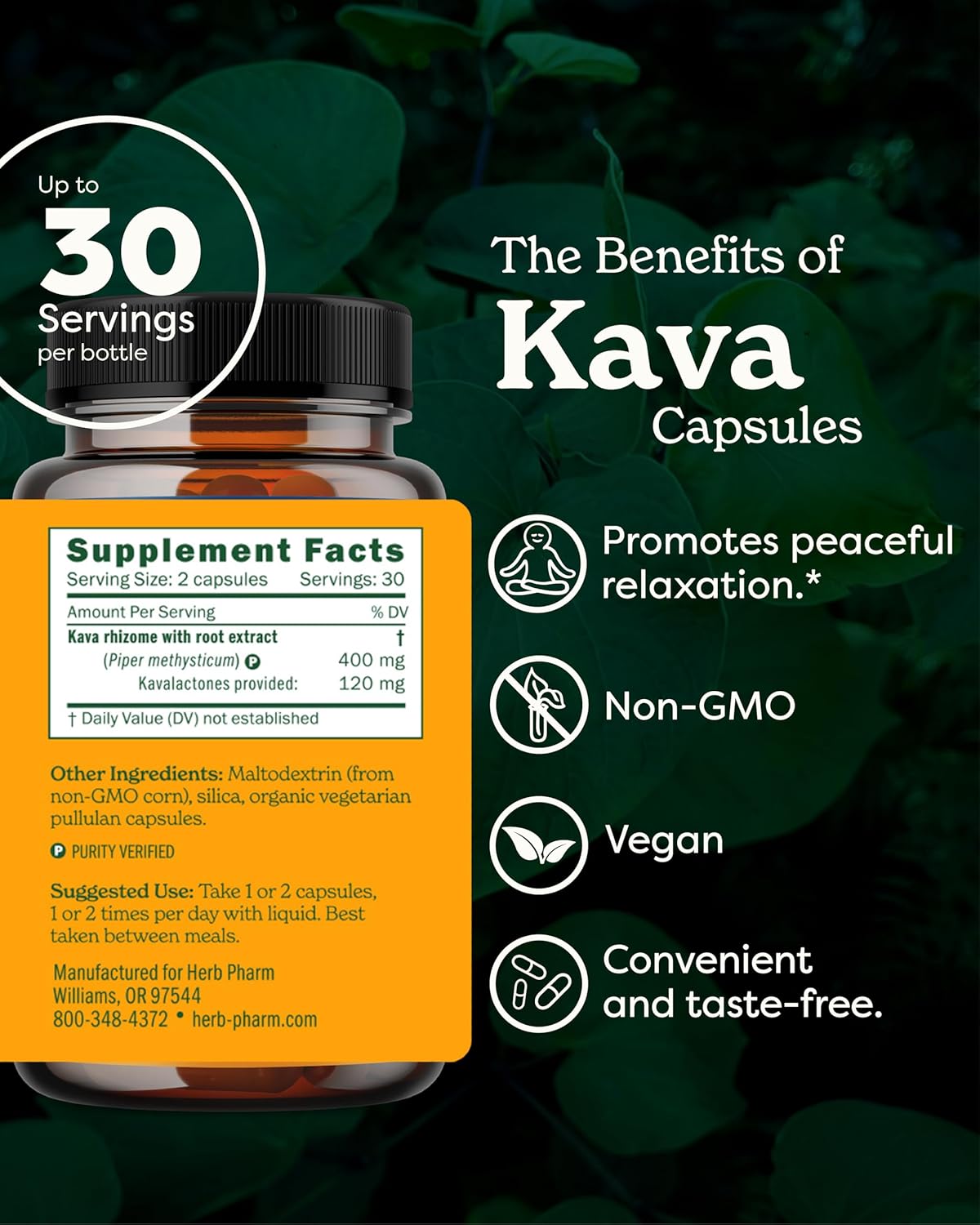 Herb Pharm Kava Root Extract Capsules for Stress Reduction and Relaxation - 60 Vegetarian Capsules