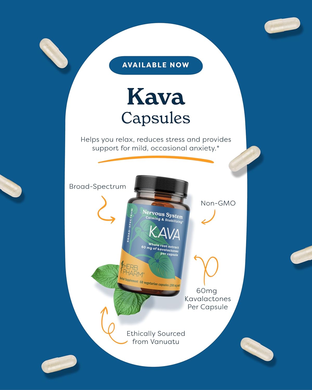 Herb Pharm Kava Root Extract Capsules for Stress Reduction and Relaxation - 60 Vegetarian Capsules