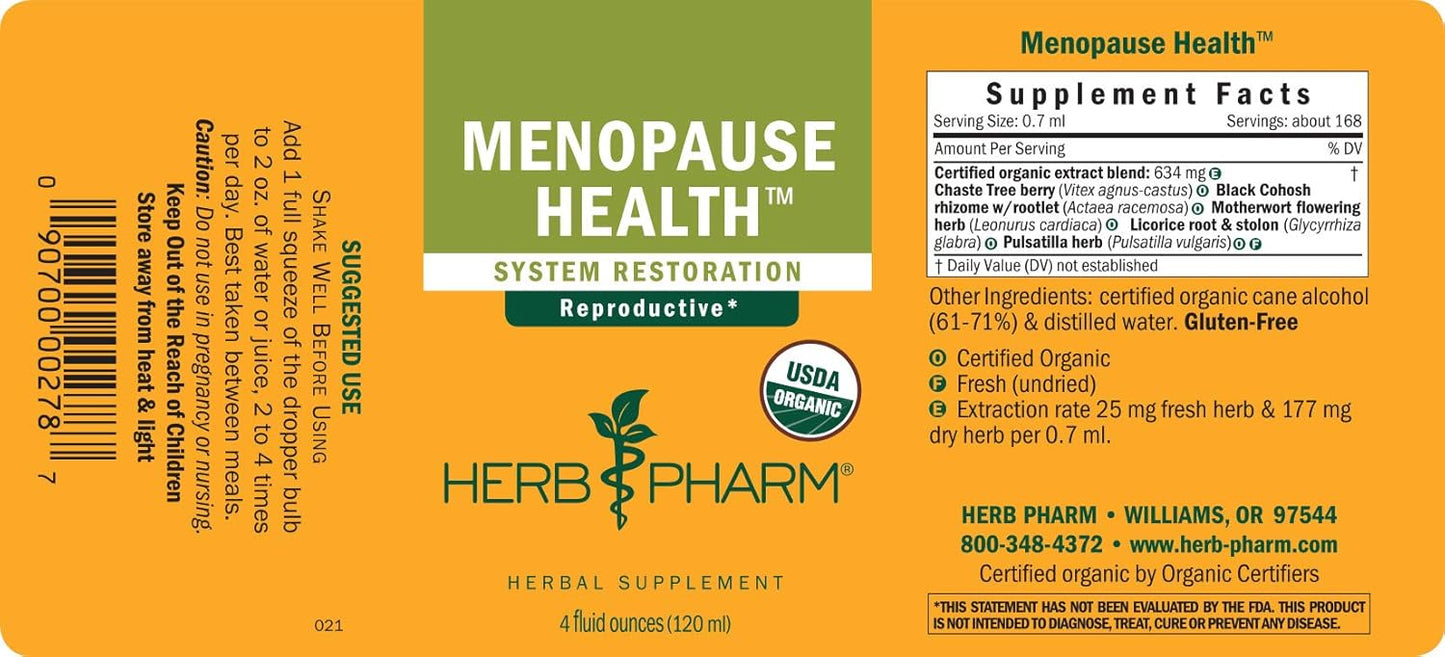 Herb Pharm Menopause Health: Women's Herbal Supplement with Vitex Chaste Tree Berry & Black Cohosh Tincture - Supports Reproductive System, Vegan & Gluten-Free - 4 Oz Bottle