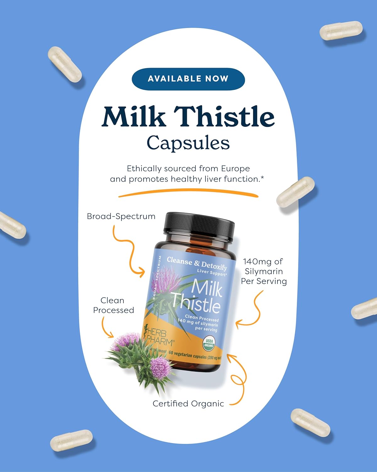 Herb Pharm Milk Thistle Seed Extract Capsules - 140mg Silymarin for Liver Health - 60 Vegetarian Pills