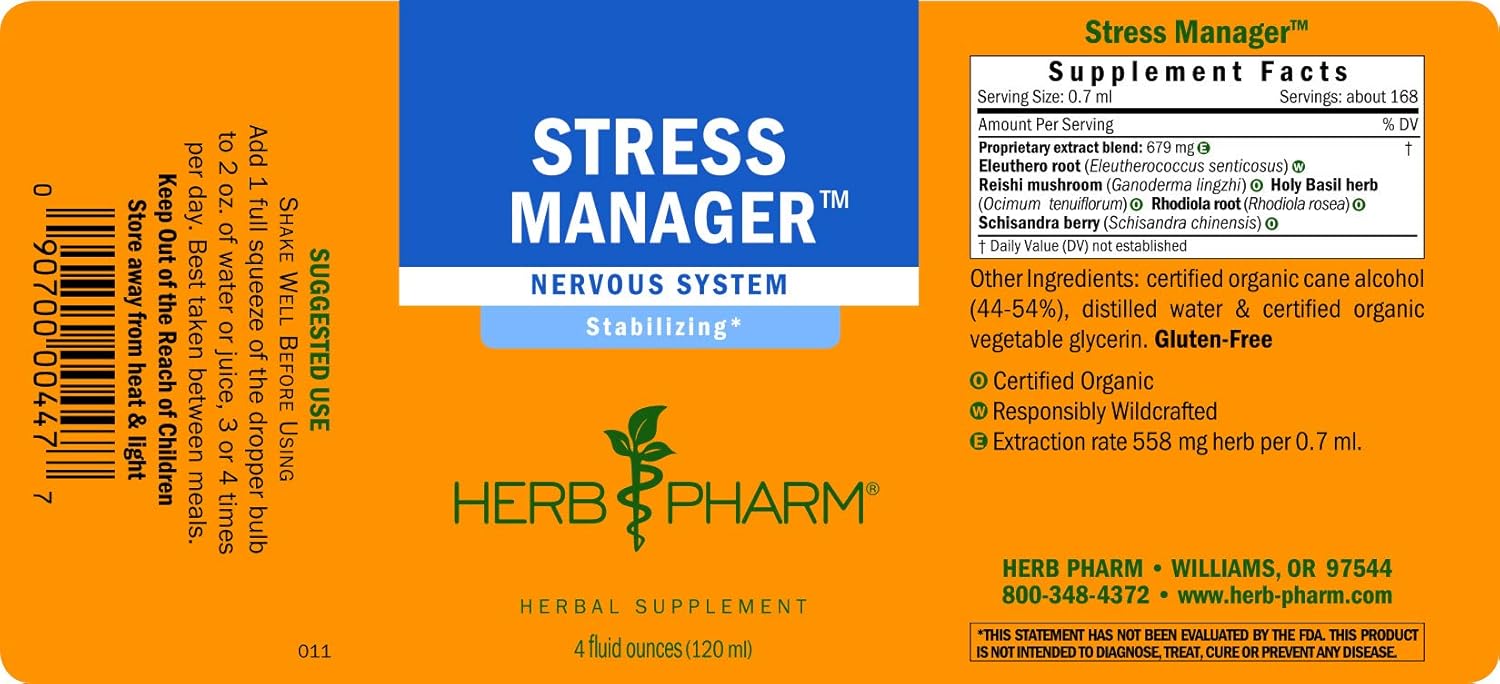 Herb Pharm Stress Manager Liquid Herbal Formula with Rhodiola and Holy Basil Extracts - 4 oz