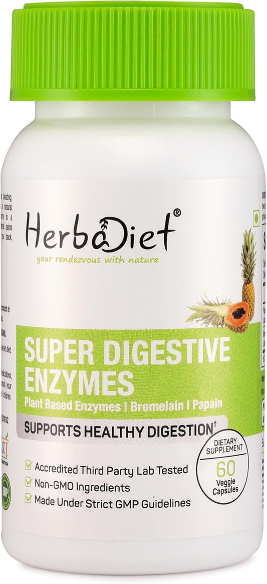Herbadiet Digestive Enzyme Capsules with Bromelain & Papain Extract - 500mg | Proteolytic Enzymes for Digestion (60 Capsules)