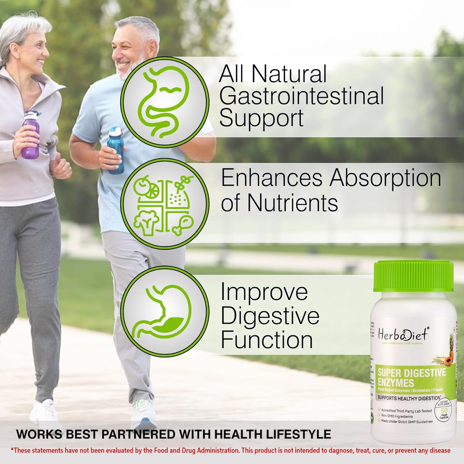 Herbadiet Digestive Enzyme Capsules with Bromelain & Papain Extract - 500mg | Proteolytic Enzymes for Digestion (60 Capsules)