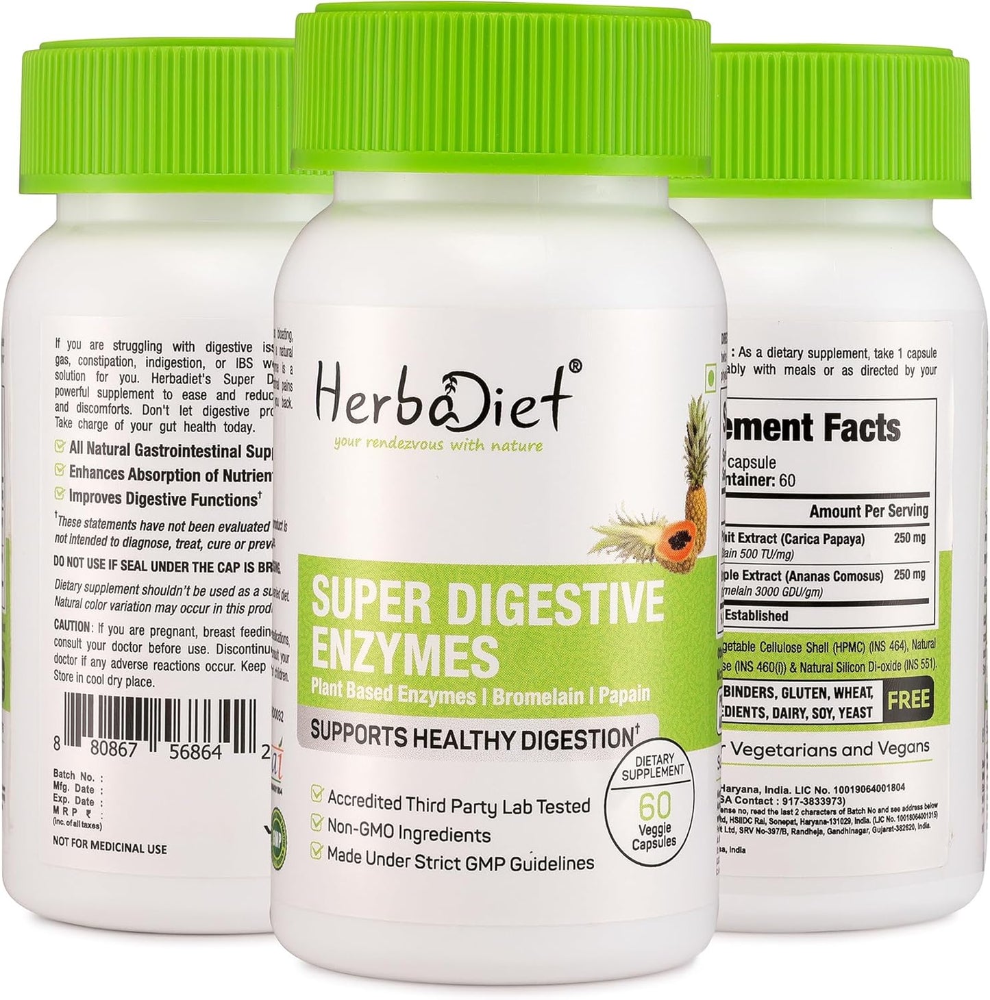 Herbadiet Digestive Enzyme Capsules with Bromelain & Papain Extract - 500mg | Proteolytic Enzymes for Digestion (60 Capsules)