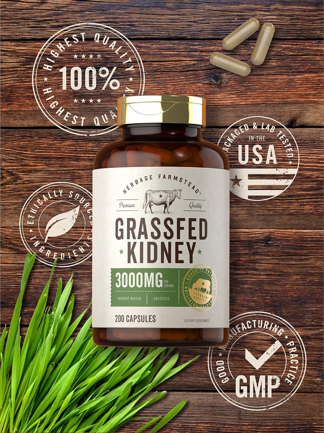 Herbage Farmstead Grass Fed Beef Kidney Supplement | 200 Capsules | 3000mg | Pasture Raised Desiccated Bovine | Hormone & Pesticide Free | Non-GMO, Gluten Free