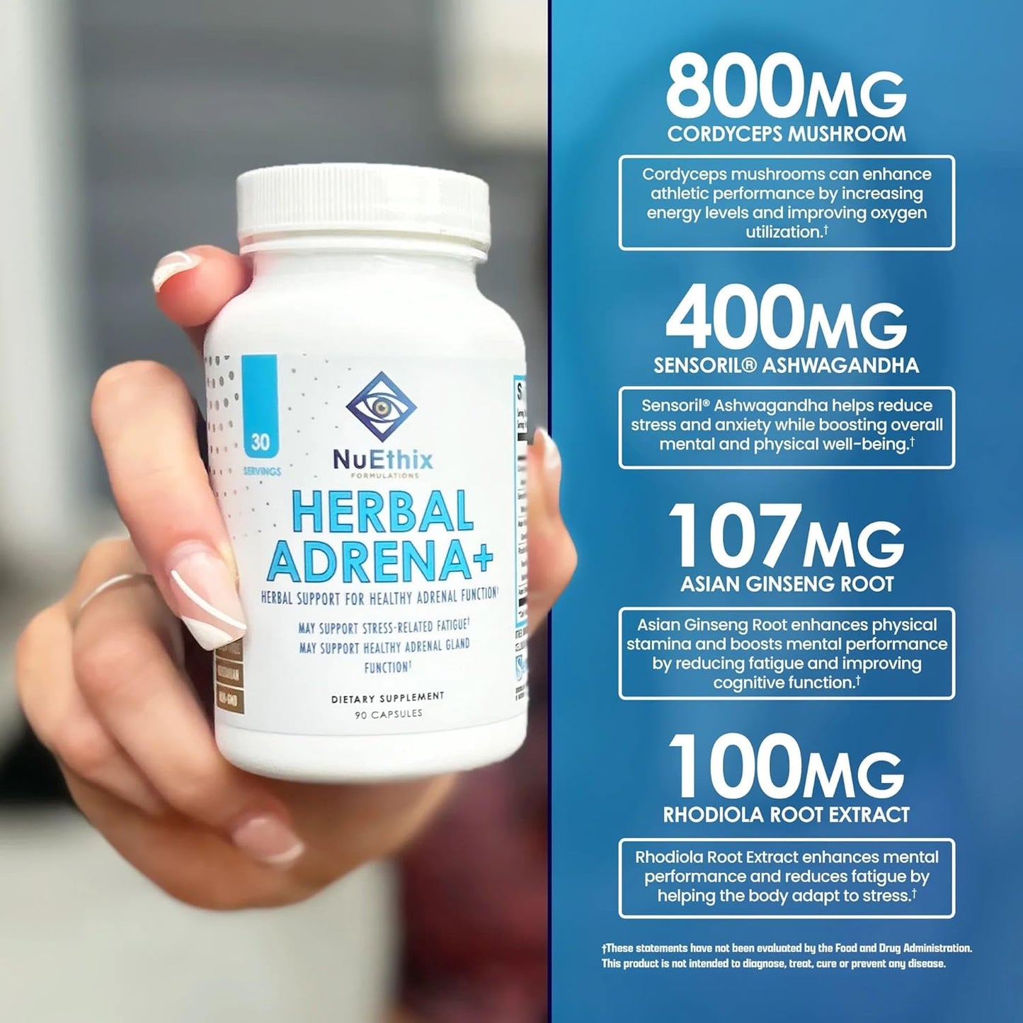 Herbal Adrena+ Adrenal Support Supplements for Women & Men - Improve Energy & Mood with Cordyceps & Ashwagandha - Non-GMO, Gluten Free