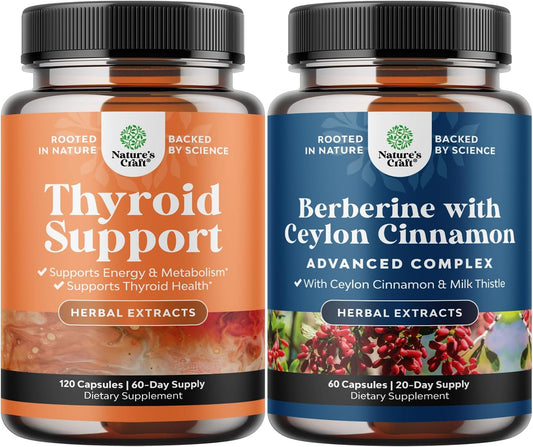 Herbal Adrenal and Thyroid Support Supplement Bundle - Mood Enhancer for Energy and Thyroid Health, Berberine Plus Complex for Heart and Sugar Support