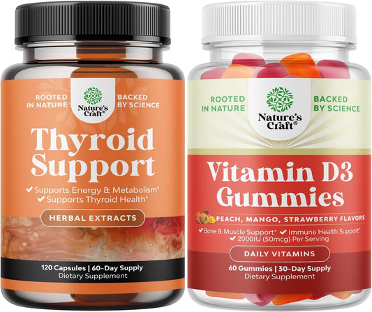 Herbal Adrenal & Thyroid Support Complex + Vitamin D3 Gummies - Mood & Energy Supplement for Thyroid Health, Bone & Immune Support