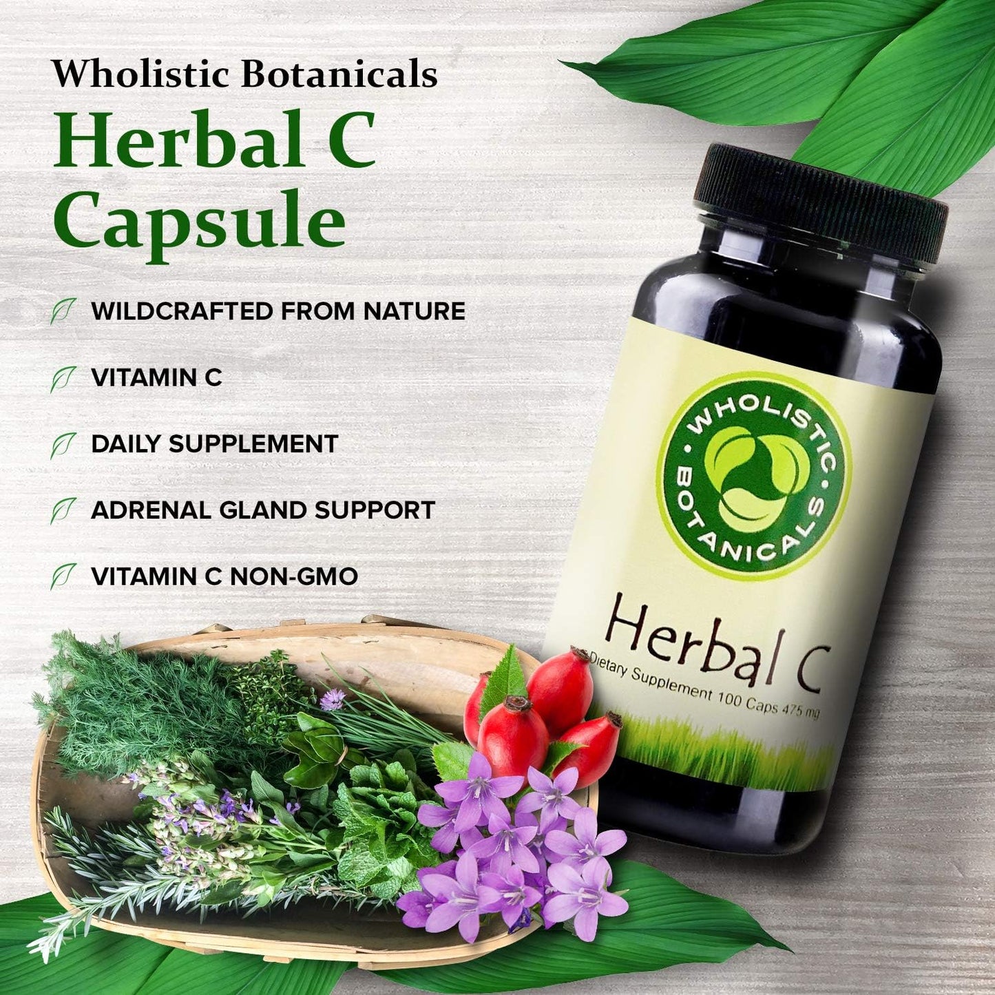 Herbal C Capsules - Vitamin C Supplements for Immune Support and Antioxidant Boost - 100 ct Bottle