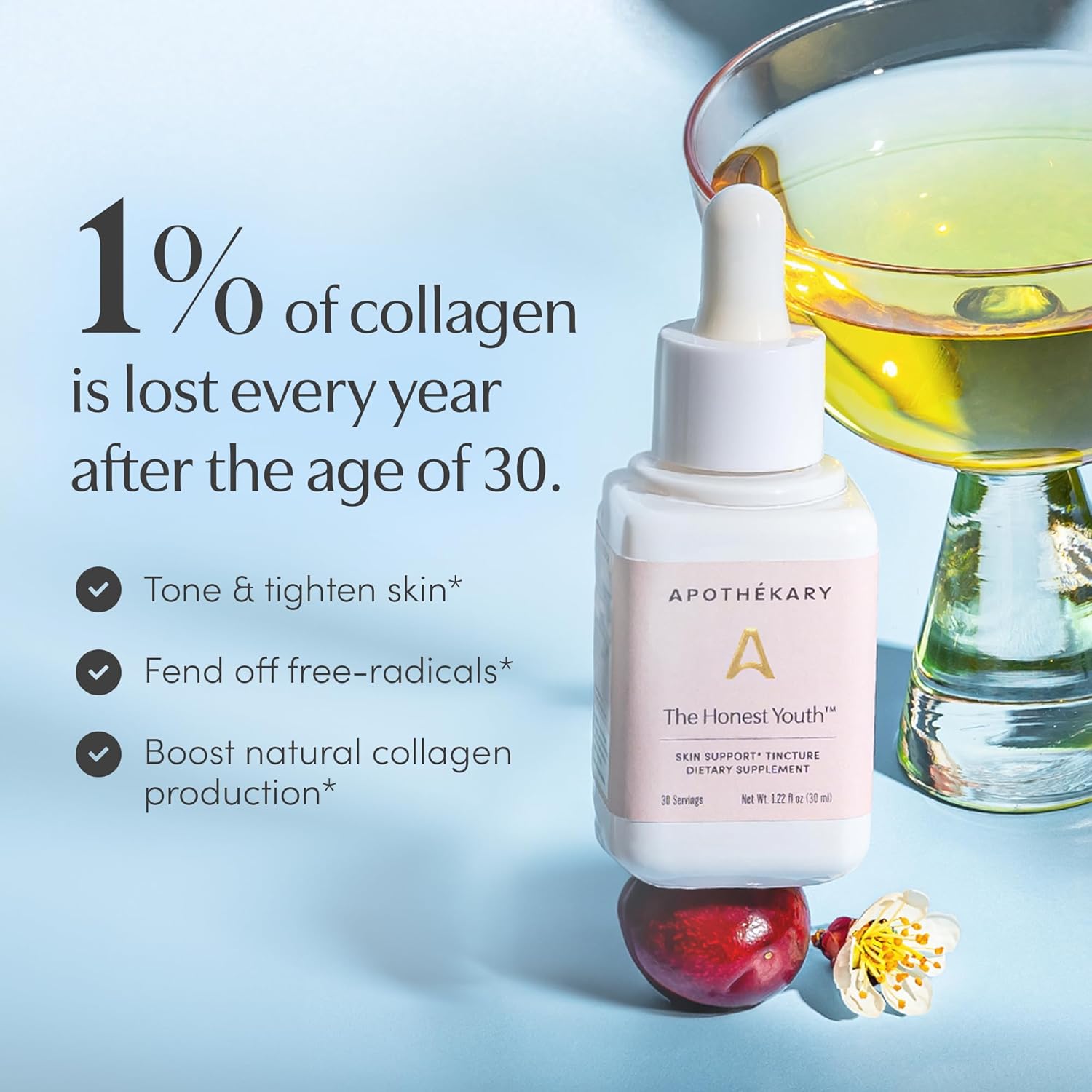 Herbal Collagen Support Liquid Tincture for Youthful Skin - Vegan & Sugar-Free - 30 Servings - 1.22 fl oz