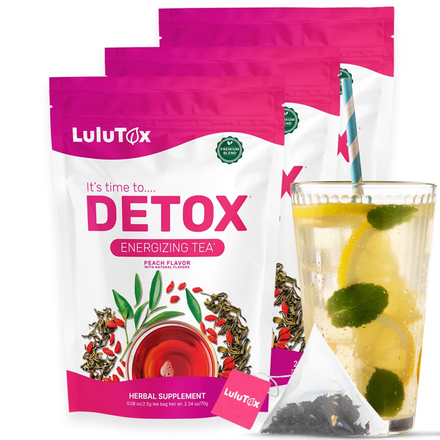Herbal Detox Tea with Dandelion, Ginseng, Ginger - Promotes Healthy Weight & Digestion - Vegan Peach Flavor - 3 Pack x 28 Servings
