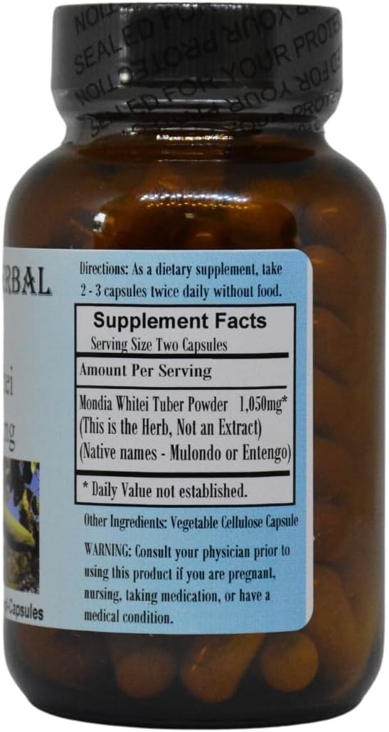 Herbal Elixir Mondia Whitei Powder Capsules - 525mg, 60 Vegan Capsules, Glass Bottle, Stearate-Free, Additive-Free