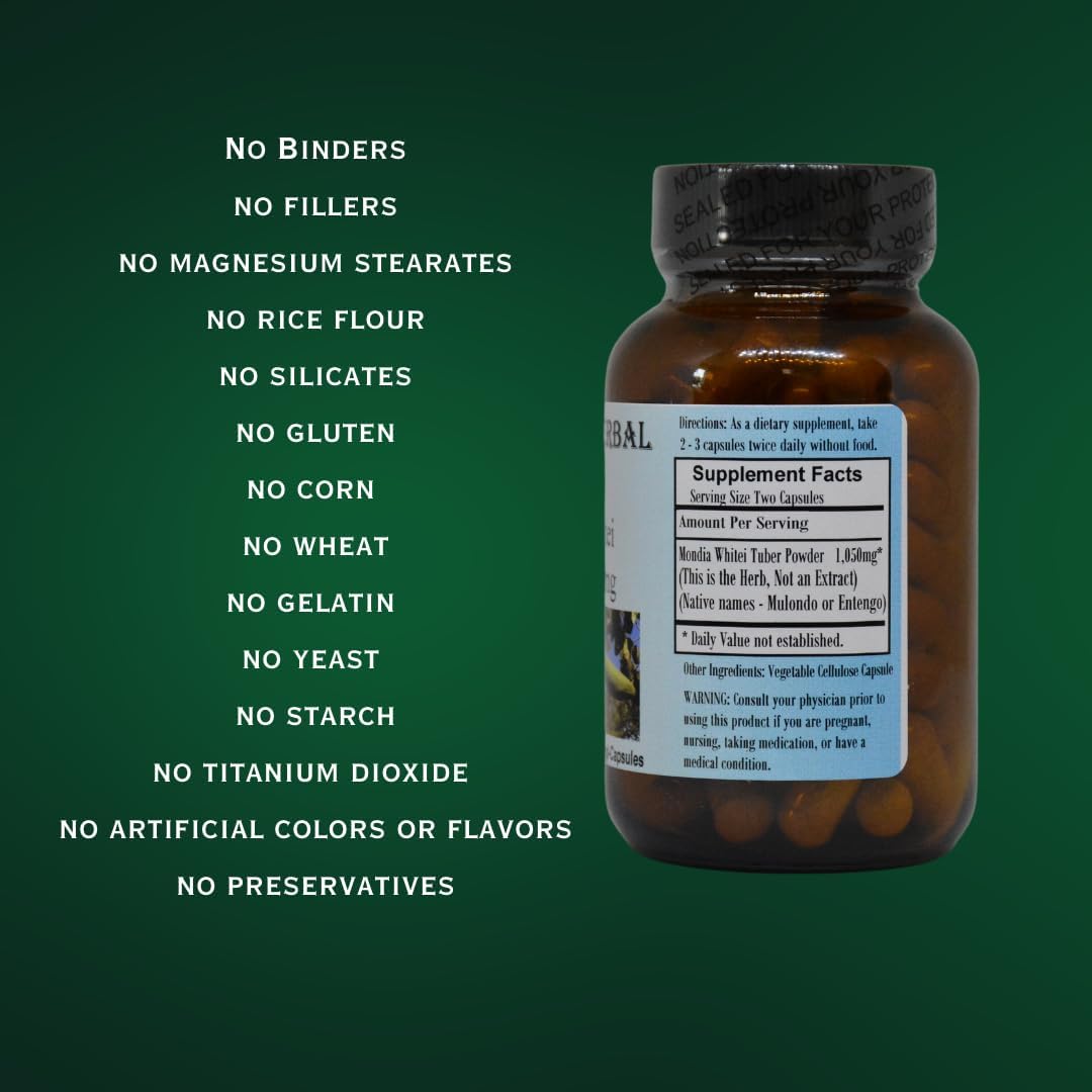 Herbal Elixir Mondia Whitei Powder Capsules - 525mg, 60 Vegan Capsules, Glass Bottle, Stearate-Free, Additive-Free