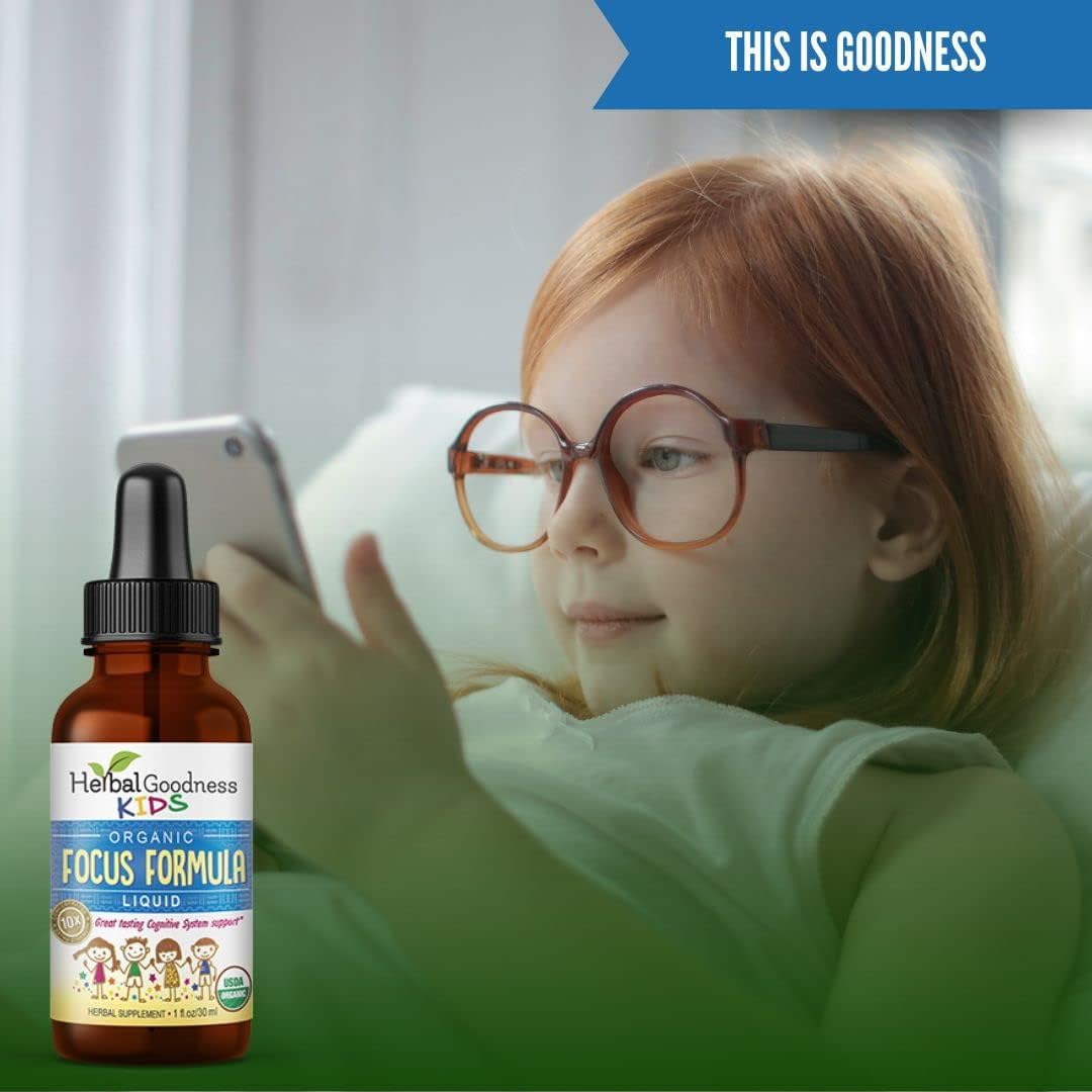 Herbal Goodness Kids Focus and Attention Supplements with Ashwagandha & Moringa Extract - 1oz Non-GMO Focus Vitamins for Kids - Made in USA