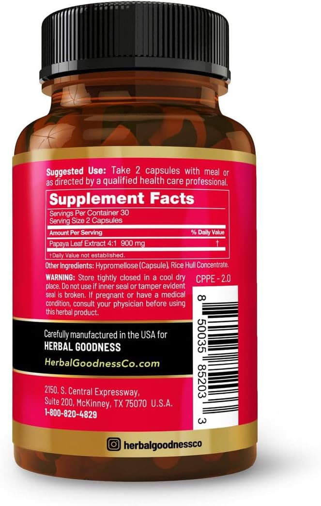 Herbal Goodness Papaya Leaf Blood Platelet Capsules - 20x Strength 600mg - Immune Support & Blood Cleanse - USA-Made Herbal Remedy