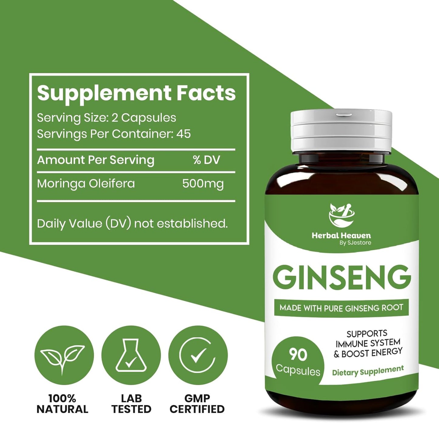 Herbal Heaven Ginseng Capsules - 90 Count Natural Energy and Focus Supplement for Vitality and Wellness