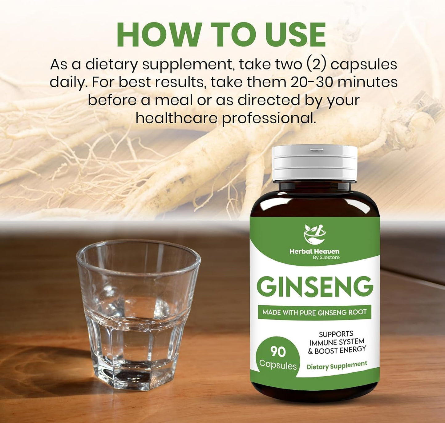 Herbal Heaven Ginseng Capsules - 90 Count Natural Energy and Focus Supplement for Vitality and Wellness