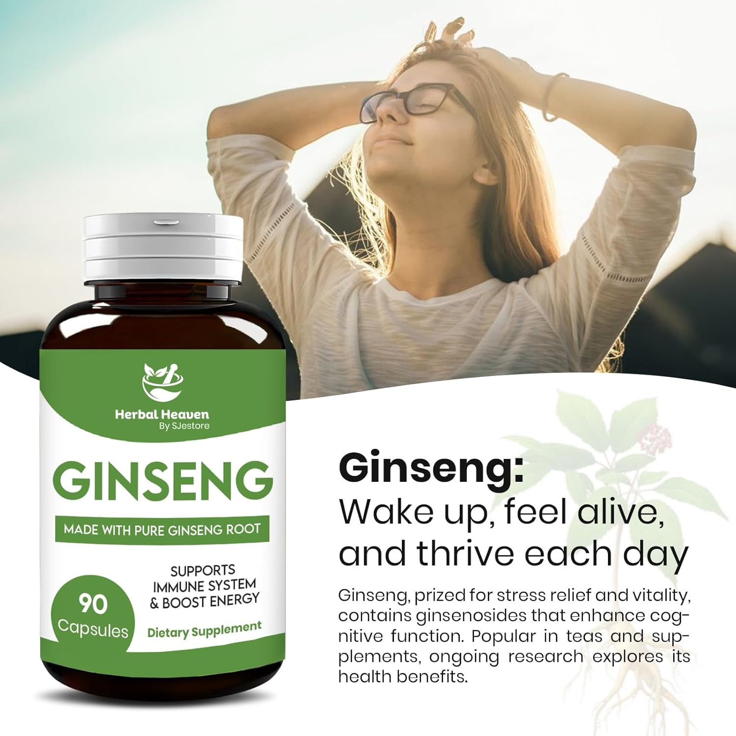 Herbal Heaven Ginseng Capsules - 90 Count Natural Energy and Focus Supplement for Vitality and Wellness