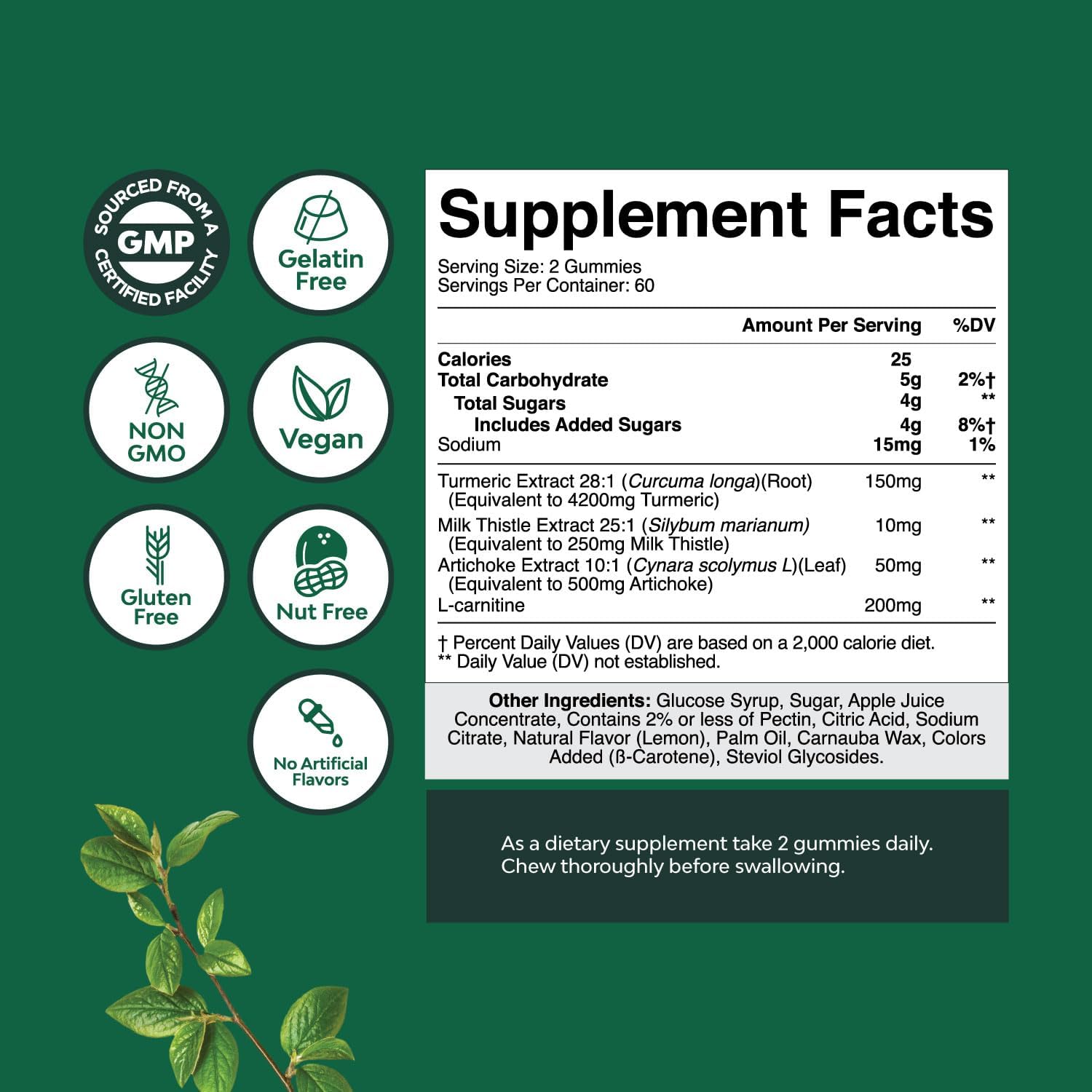 Herbal Liver Detox Gummies with Milk Thistle, Artichoke, Turmeric & L-Carnitine - Vegan & Non-GMO - Sweet Lemon - 60 Servings
