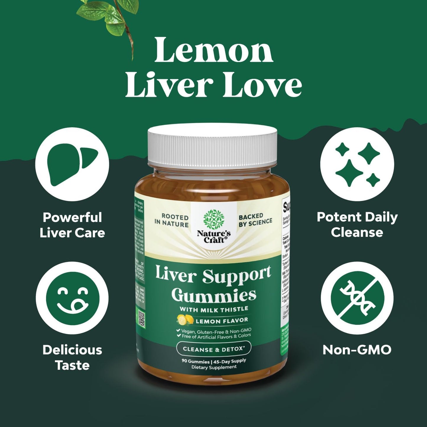 Herbal Liver Detox Gummies with Milk Thistle, Turmeric, Artichoke, and L-Carnitine - Vegan, Non-GMO, Lemon Flavor (45 Servings)
