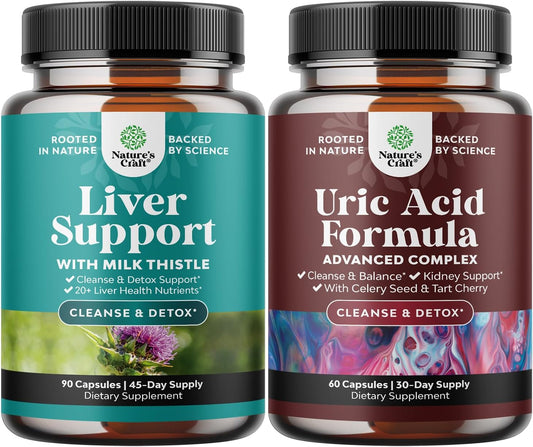 Herbal Liver Support and Uric Acid Cleanse Bundle - Natural Detox and Repair Formula for Joint and Kidney Health in Men and Women