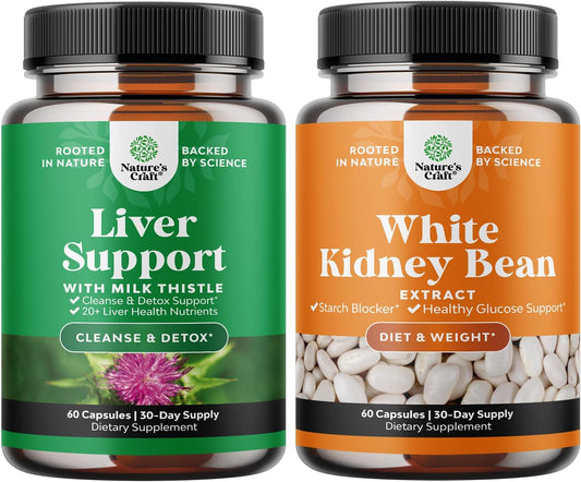 Herbal Liver Support Bundle with Milk Thistle and White Kidney Bean Extract - Natural Energy Boosters and Liver Supplements with Silymarin