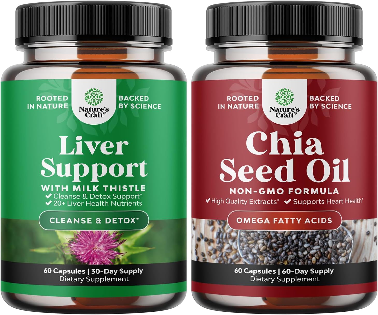 Herbal Liver Support Bundle with Milk Thistle and Chia Seed Oil Capsules - Plant Based Omega 3 6 9 Supplement with Silymarin