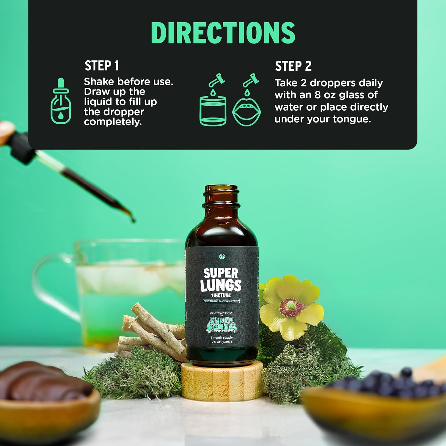 Herbal Lung Support Tincture with Mullein Leaf Extract for Clear Breathing & Wellness - 2 oz