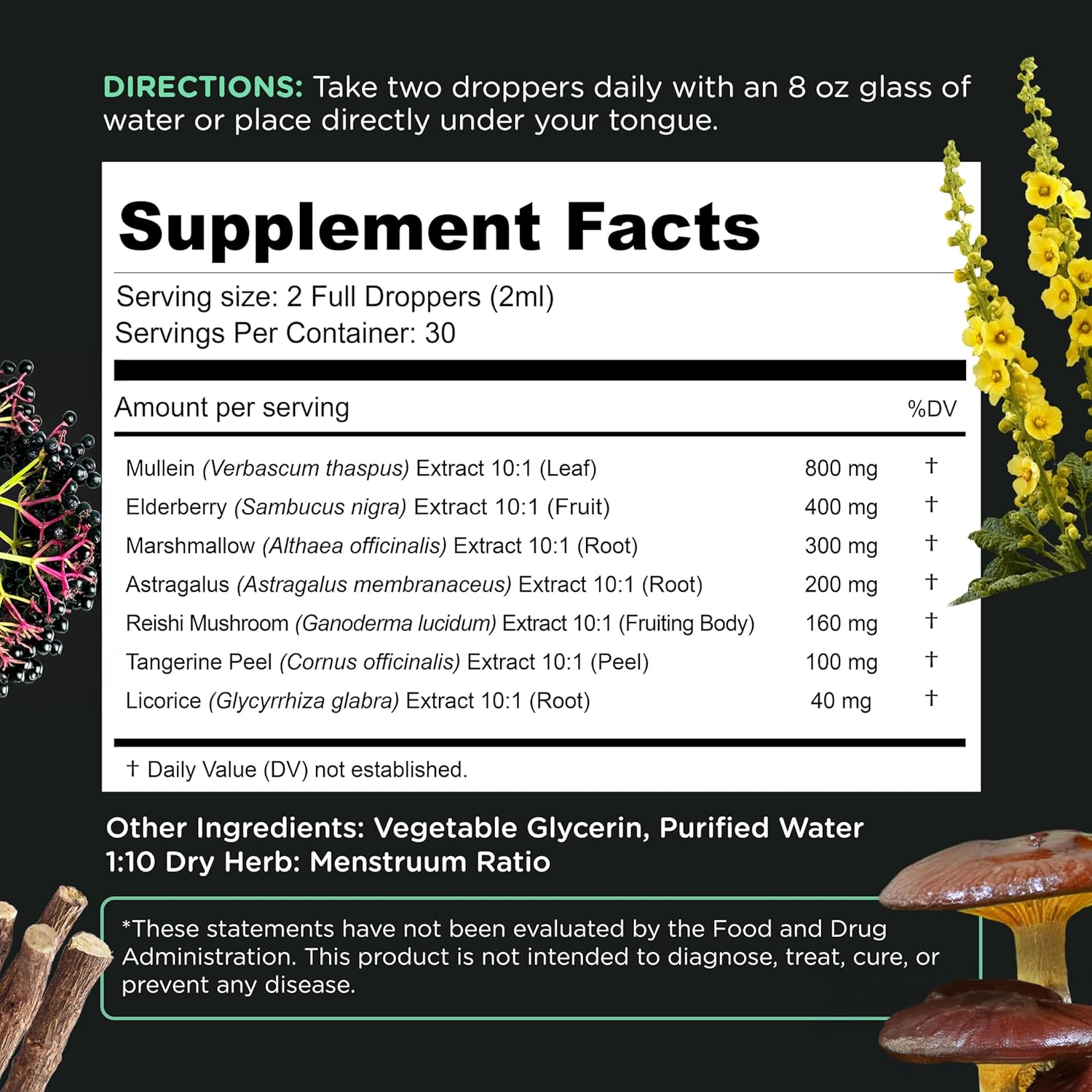 Herbal Lung Support Tincture with Mullein Leaf Extract for Clear Breathing & Wellness - 2 oz