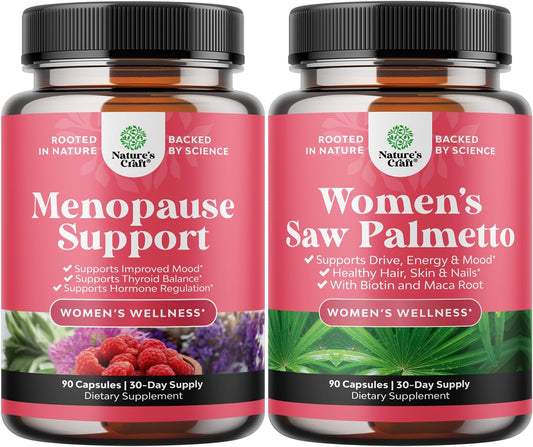 Herbal Menopause Supplement Bundle for Women: Night Sweats, Mood Support, Dong Quai, Vitex, Saw Palmetto - DHT Blocker & Hair Vitamins