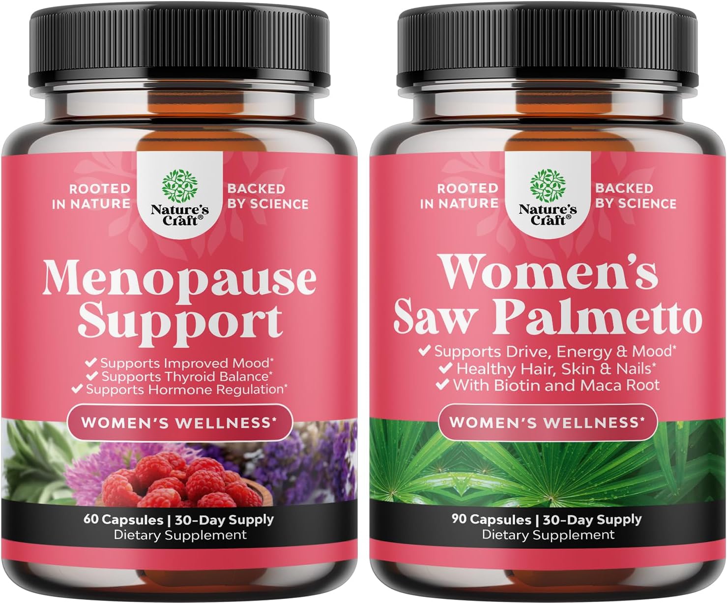 Herbal Menopause Supplement & Saw Palmetto Bundle for Women - Promotes Estrogen Balance, Thickens Hair, Blocks DHT - Hair Loss Vitamins