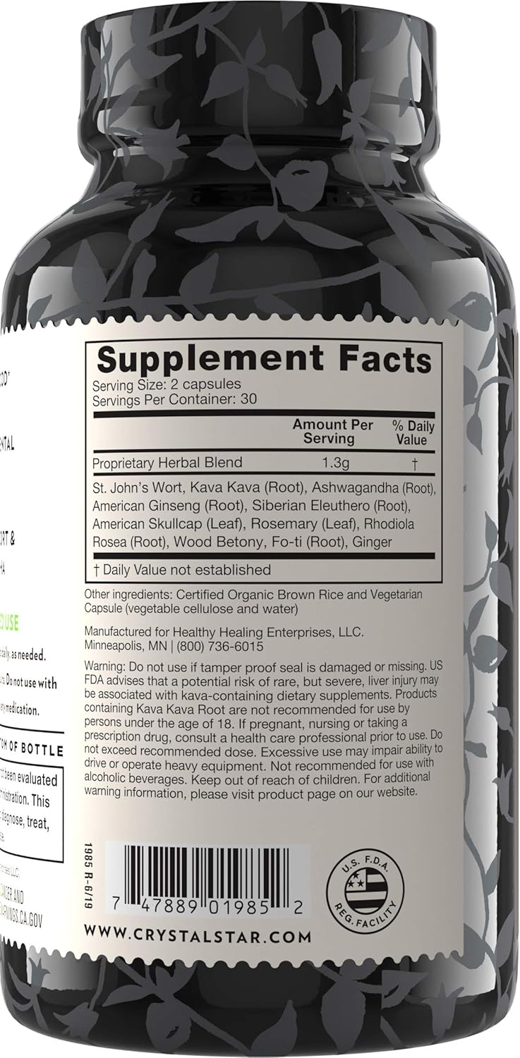 Herbal Mood Booster Capsules with Ashwagandha & Kava Kava - 60 Vegetarian Non-GMO Supplements for Mood Lift