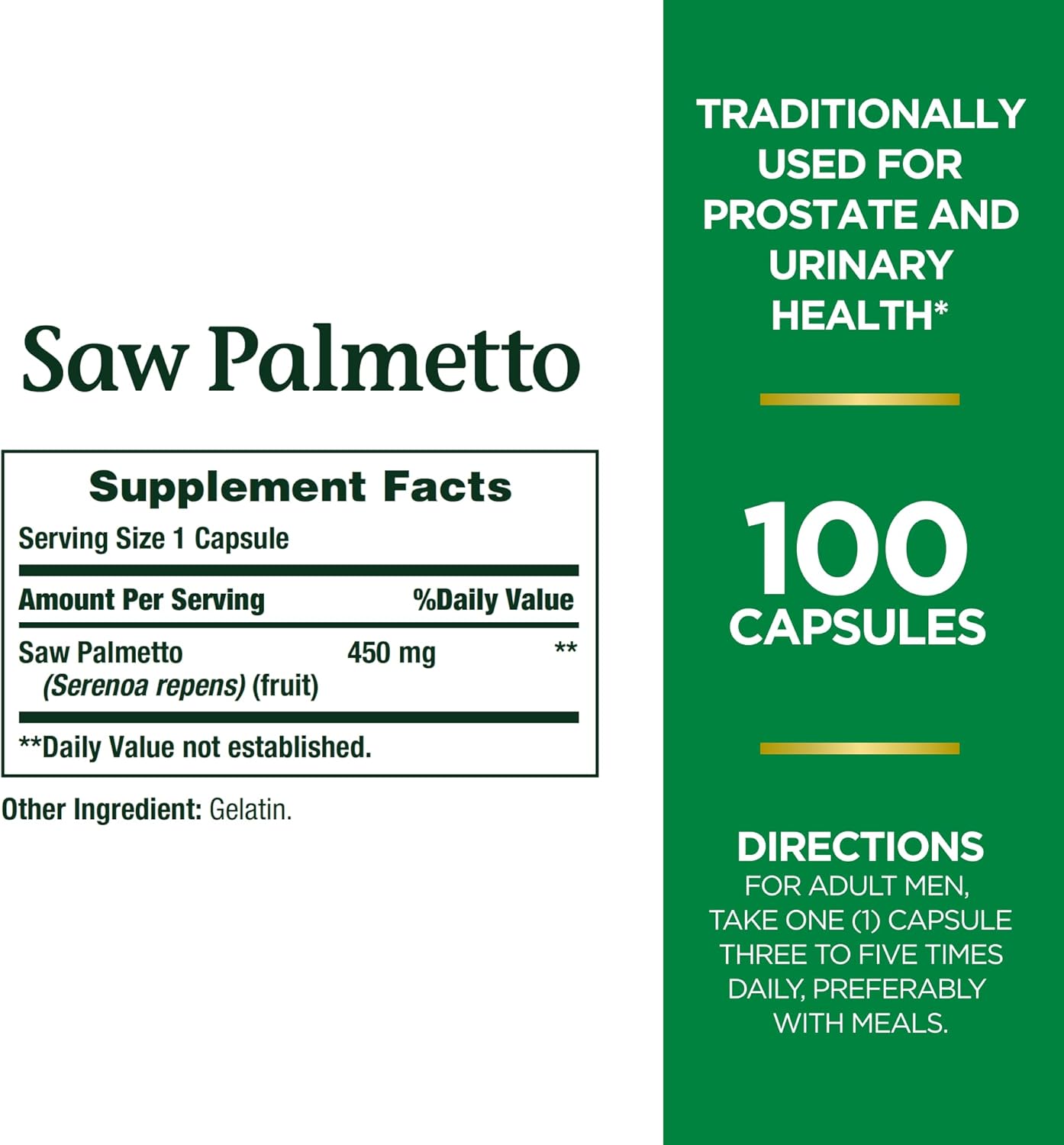 Herbal Saw Palmetto Supplement for Prostate and Urinary Health - 450 mg, 100 Capsules by Nature's Bounty