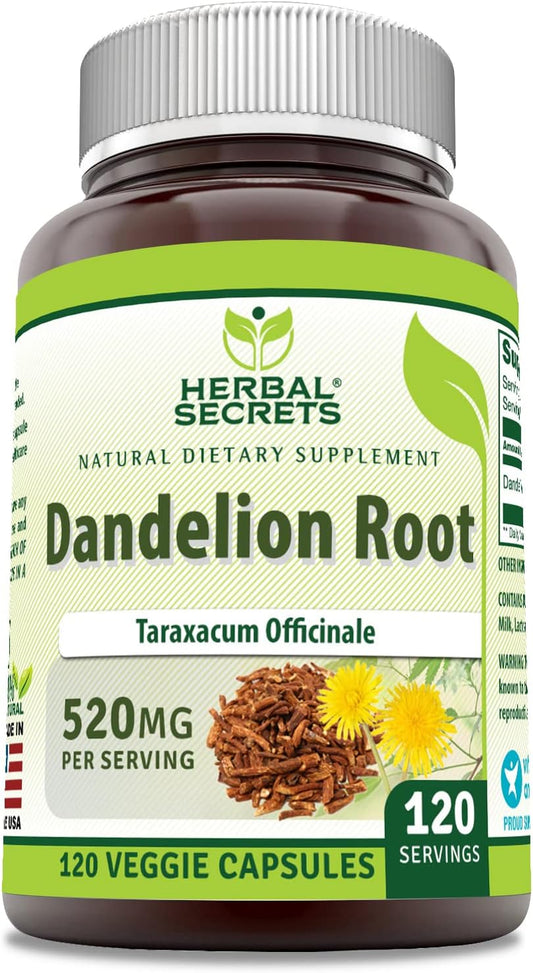 Herbal Secrets Dandelion Root Capsules - 520 Mg - 120 Veggie Caps - Non-GMO - Gluten Free - USA Made