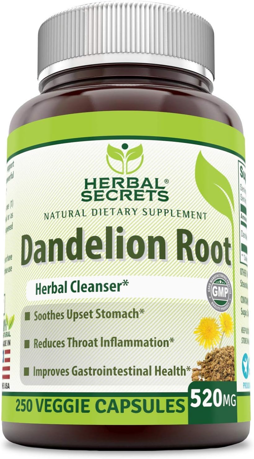 Herbal Secrets Dandelion Root Capsules - 520mg, 250 Count - Non-GMO, Gluten Free, Made in USA