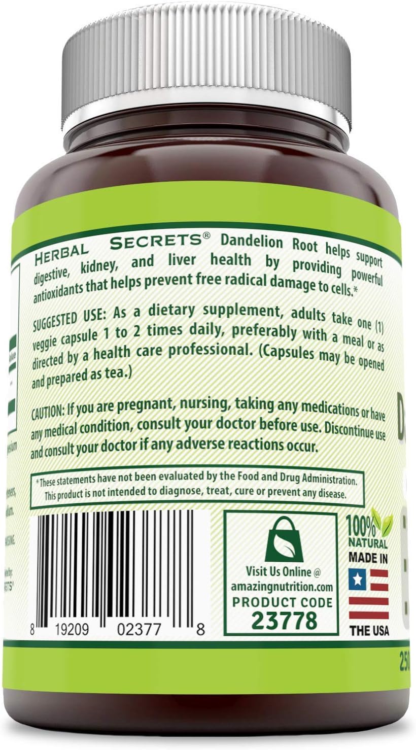 Herbal Secrets Dandelion Root Capsules - 520mg, 250 Count - Non-GMO, Gluten Free, Made in USA