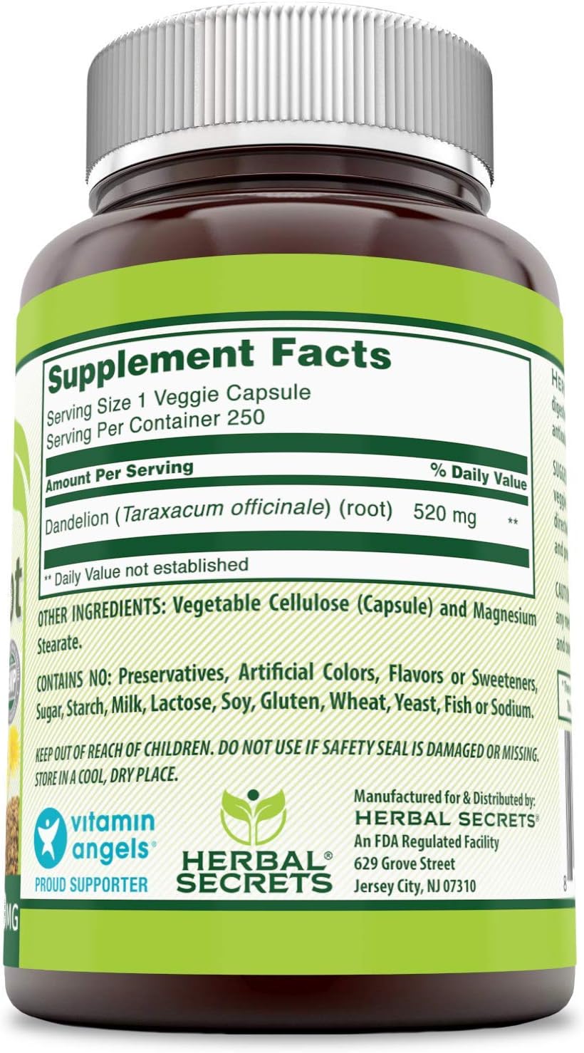 Herbal Secrets Dandelion Root Capsules - 520mg, 250 Count - Non-GMO, Gluten Free, Made in USA