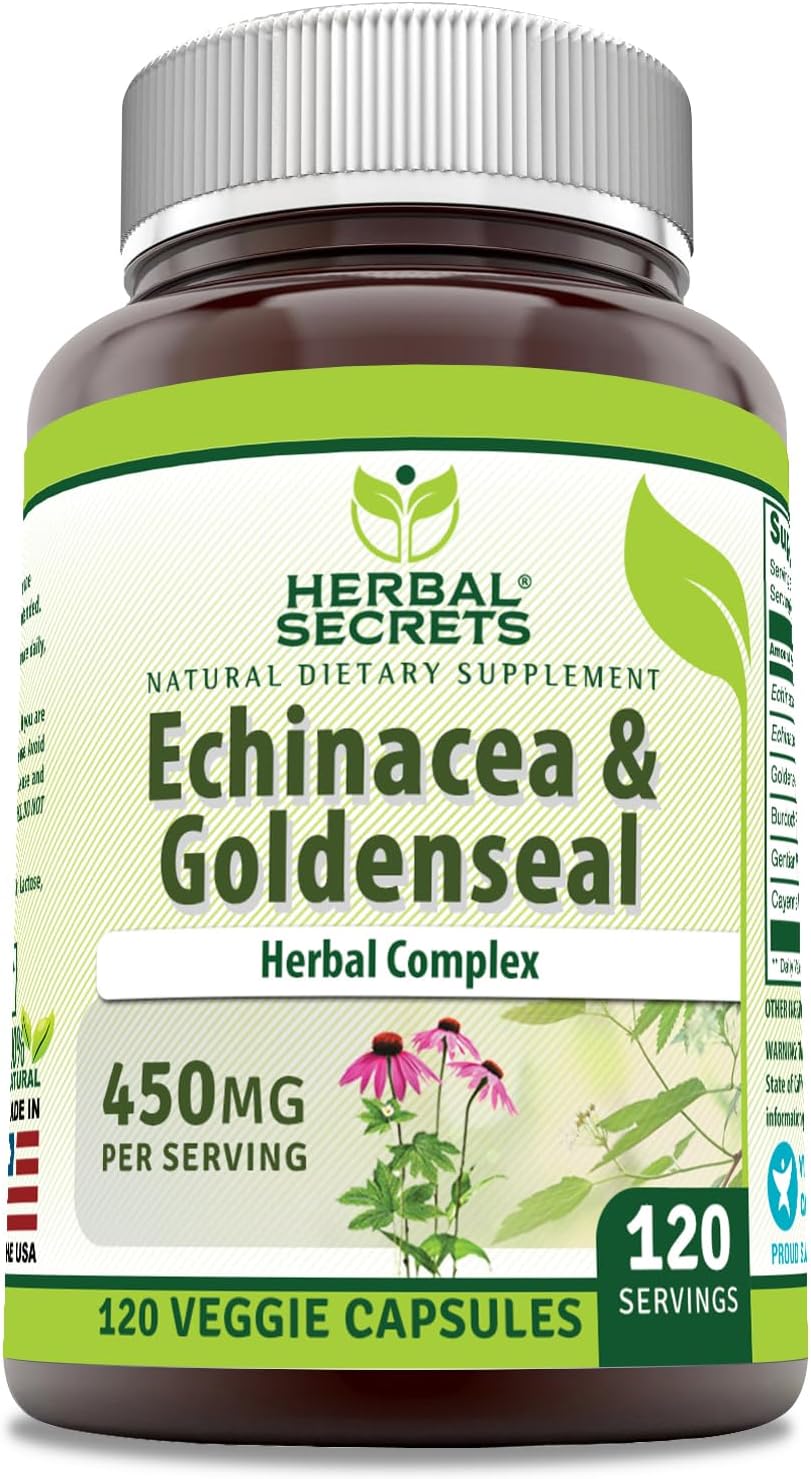 Herbal Secrets Echinacea & Goldenseal Root Supplement - 450 Mg Per Serving - Veggie Capsules - Non-GMO - Gluten-Free - Made in USA - 120 Count
