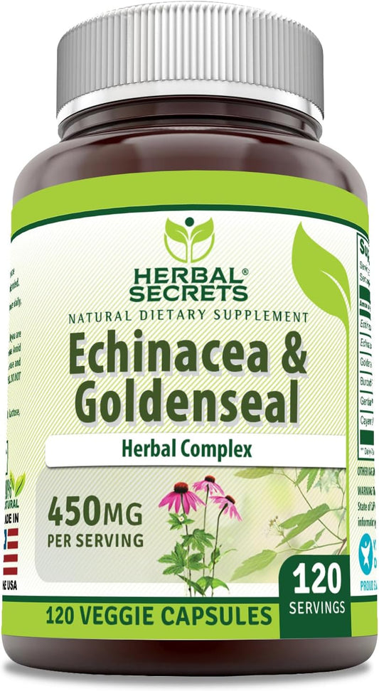 Herbal Secrets Echinacea & Goldenseal Root Supplement - 450 Mg Per Serving - Veggie Capsules - Non-GMO - Gluten-Free - Made in USA - 120 Count