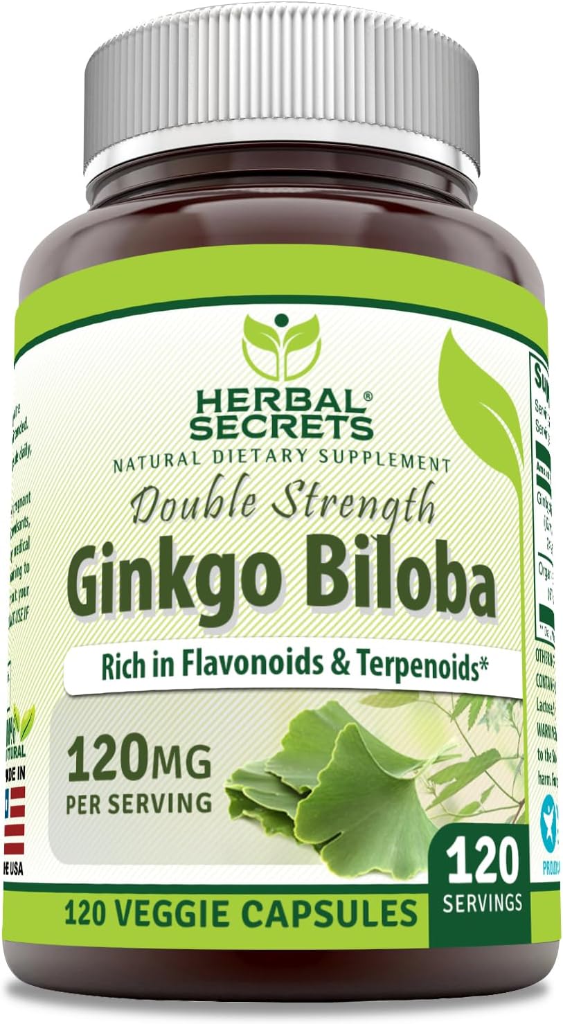 Herbal Secrets Ginkgo Biloba Double Strength Supplement 120mg 120 Veggie Capsules USA-Made