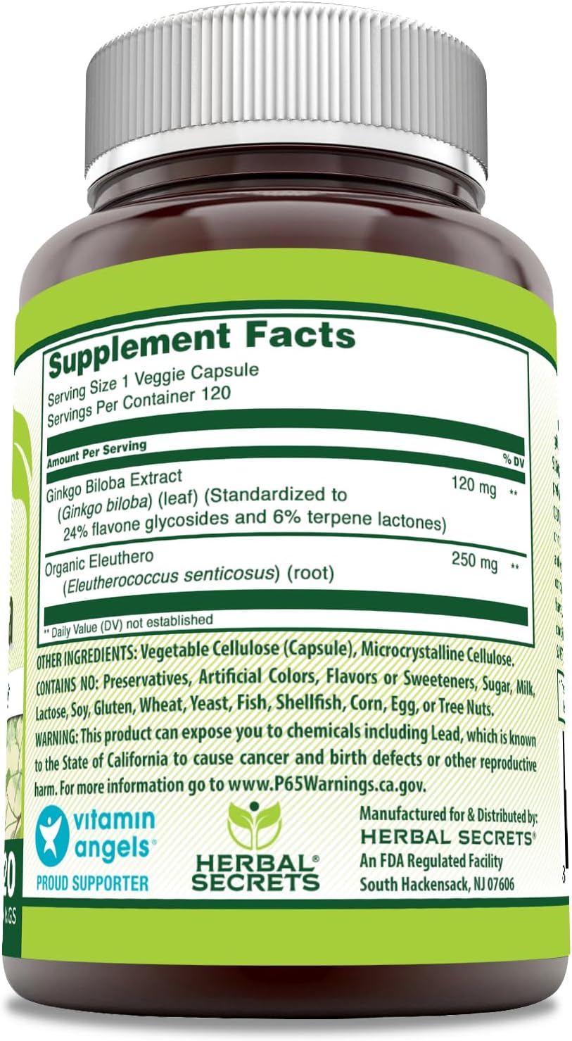 Herbal Secrets Ginkgo Biloba Double Strength Supplement 120mg 120 Veggie Capsules USA-Made