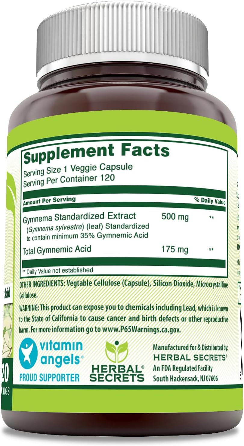 Herbal Secrets Gymnema Supplement 120 Veggie Capsules - 500 Mg Per Serving - Non-GMO & Gluten Free - USA Made