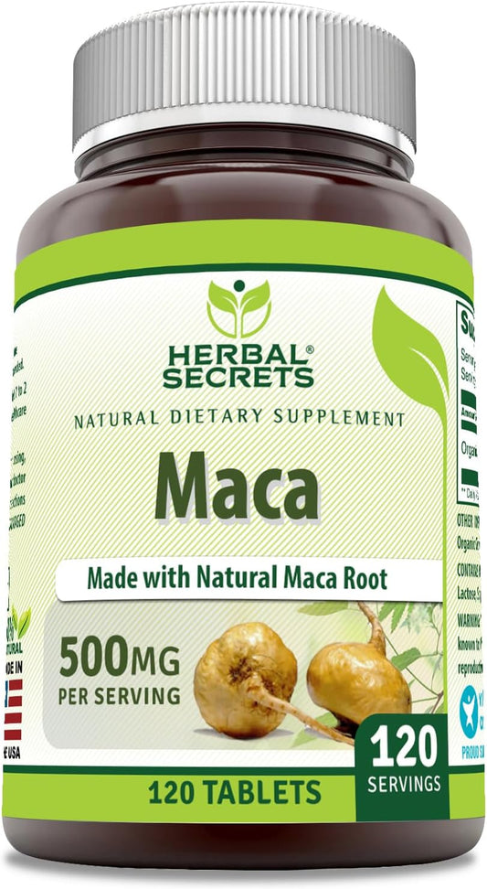Herbal Secrets Maca Supplement 500mg - 120 Tablets, Non-GMO, Gluten Free, USA-Made