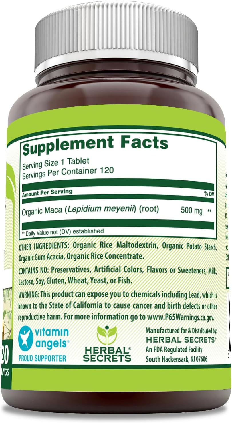 Herbal Secrets Maca Supplement 500mg - 120 Tablets, Non-GMO, Gluten Free, USA-Made